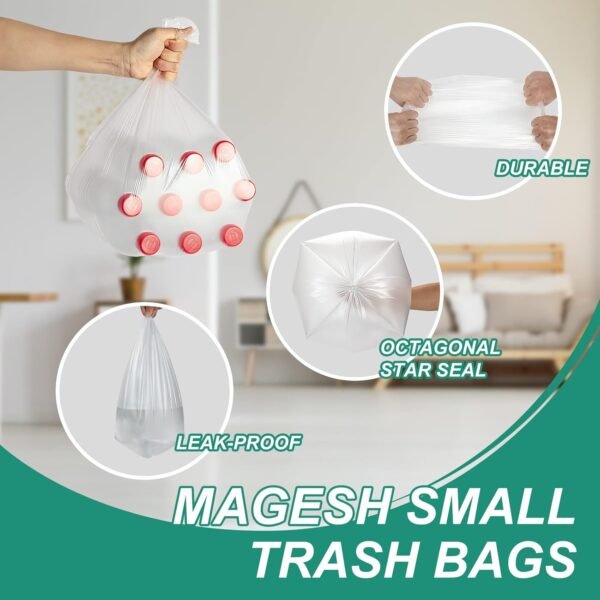 715oiVdtR7L._AC_SL1500_-1 Magesh 4 Gallon Trash Bag Strong, Leakage-Free, Small Garbage Bags Unscented Thick for Bathroom, Office, Kitchen Small Trash Can, 15L, 105 Bags, Clear