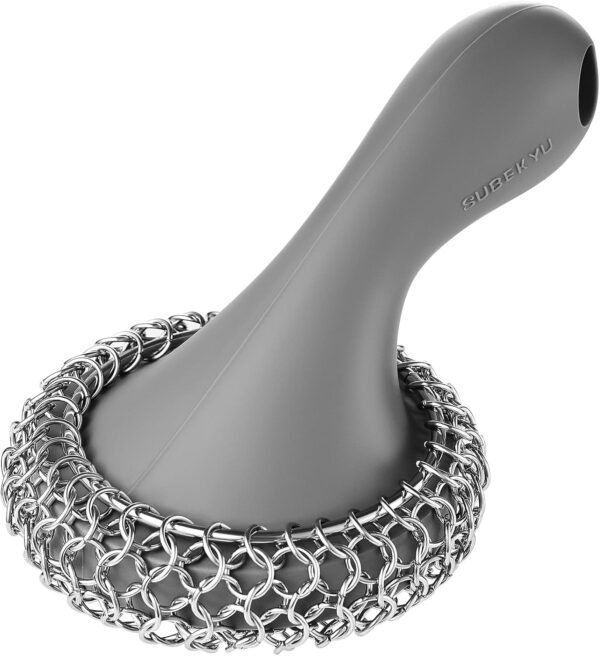 Cast Iron Scrubber SUBEKYU Review Durable Silicone Handle Chainmail Cleaner