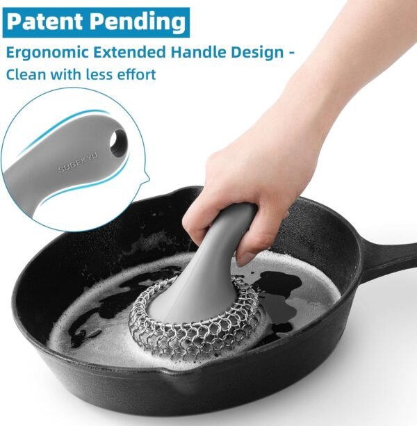 Cast Iron Scrubber SUBEKYU Review Durable Silicone Handle Chainmail Cleaner