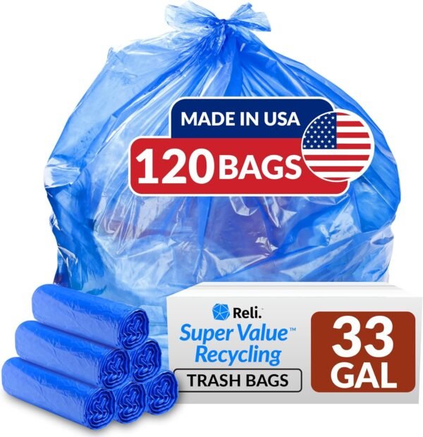 33 Gallon Recycling Trash Bags Reli Review Tough Blue Bags for Home and Commercial Use